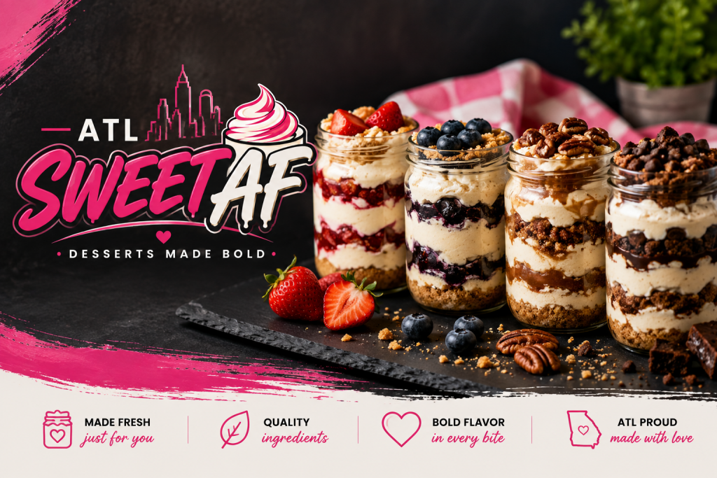 ATL Sweet AF cheesecake jars lined up, desserts made bold