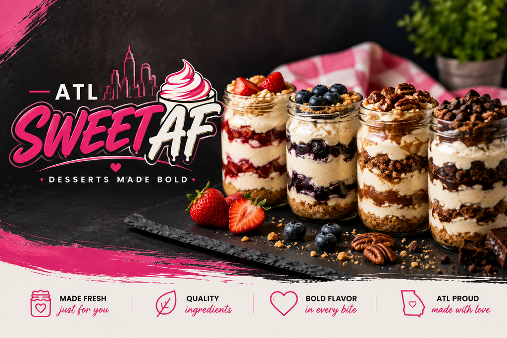 ATL Sweet AF cheesecake jars lined up, desserts made bold
