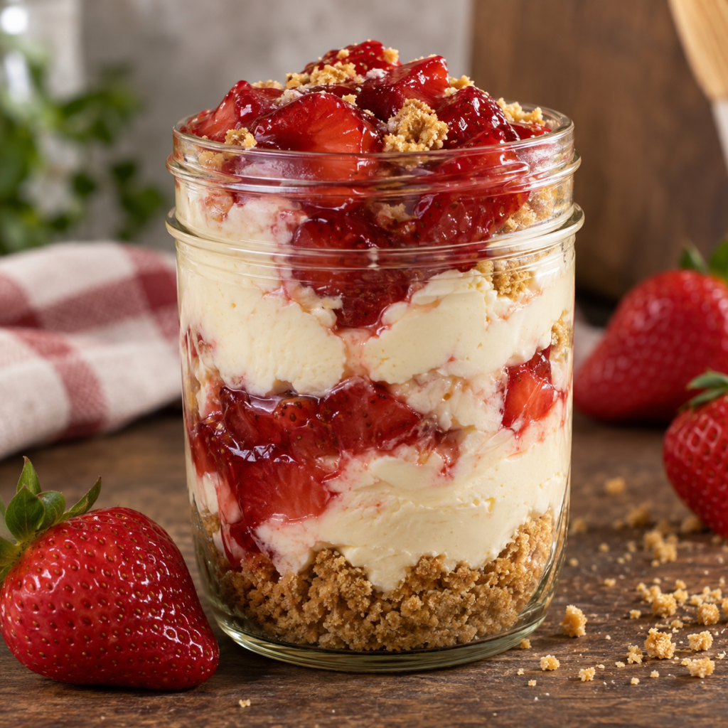 Strawberry cheesecake jar with graham cracker crust and strawberry swirl