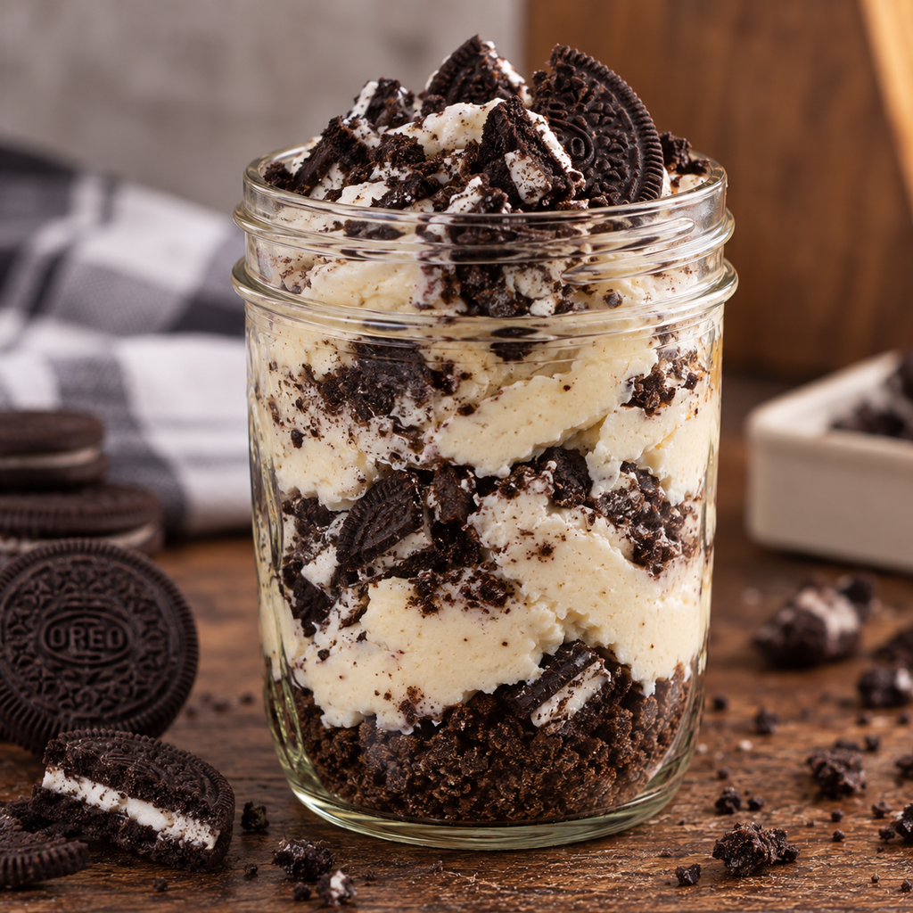 Oreo cookie cheesecake jar with Oreo crust