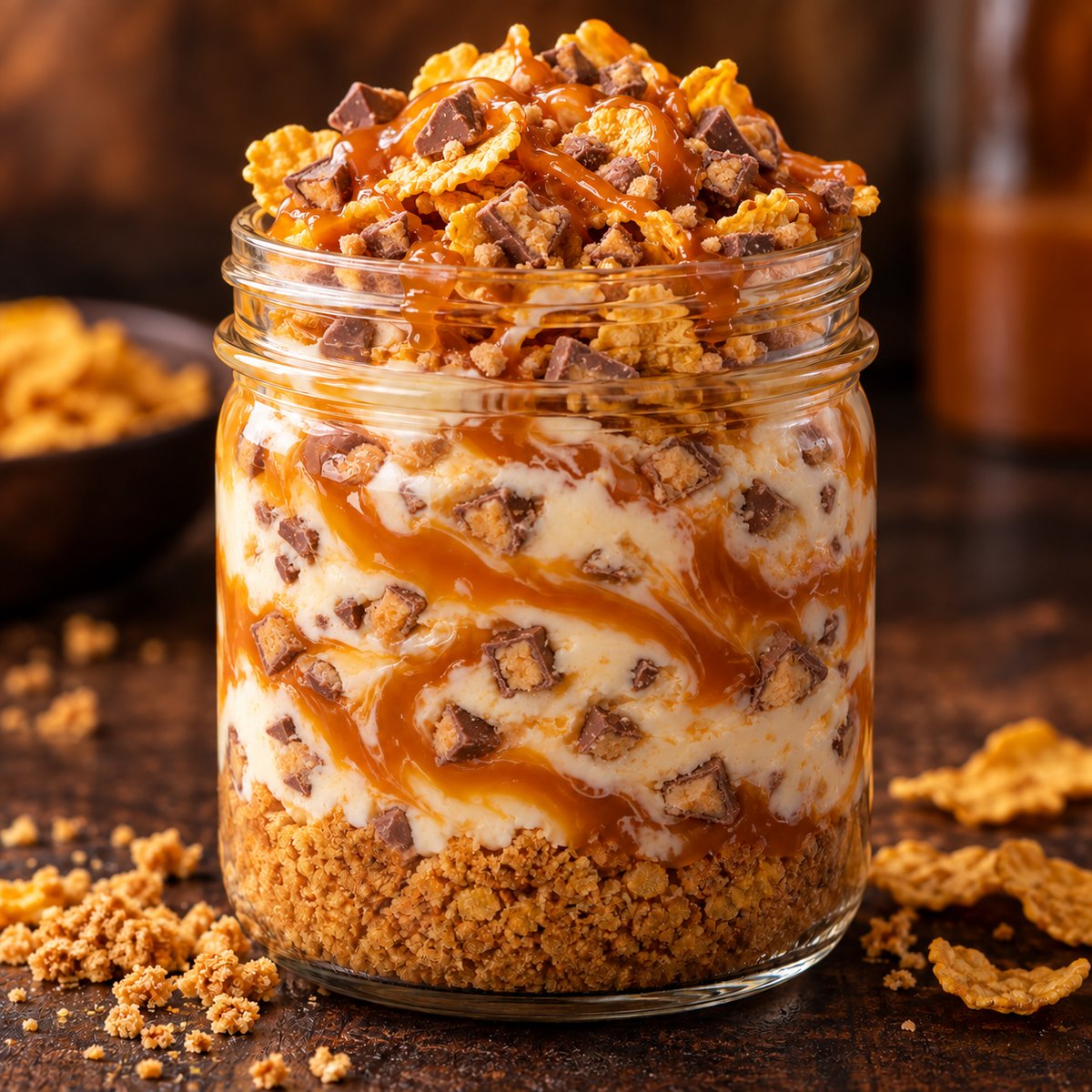 Caramel Heath Crunch cheesecake jar with graham crust, vanilla caramel swirl, corn flakes, Heath toffee and caramel drizzle