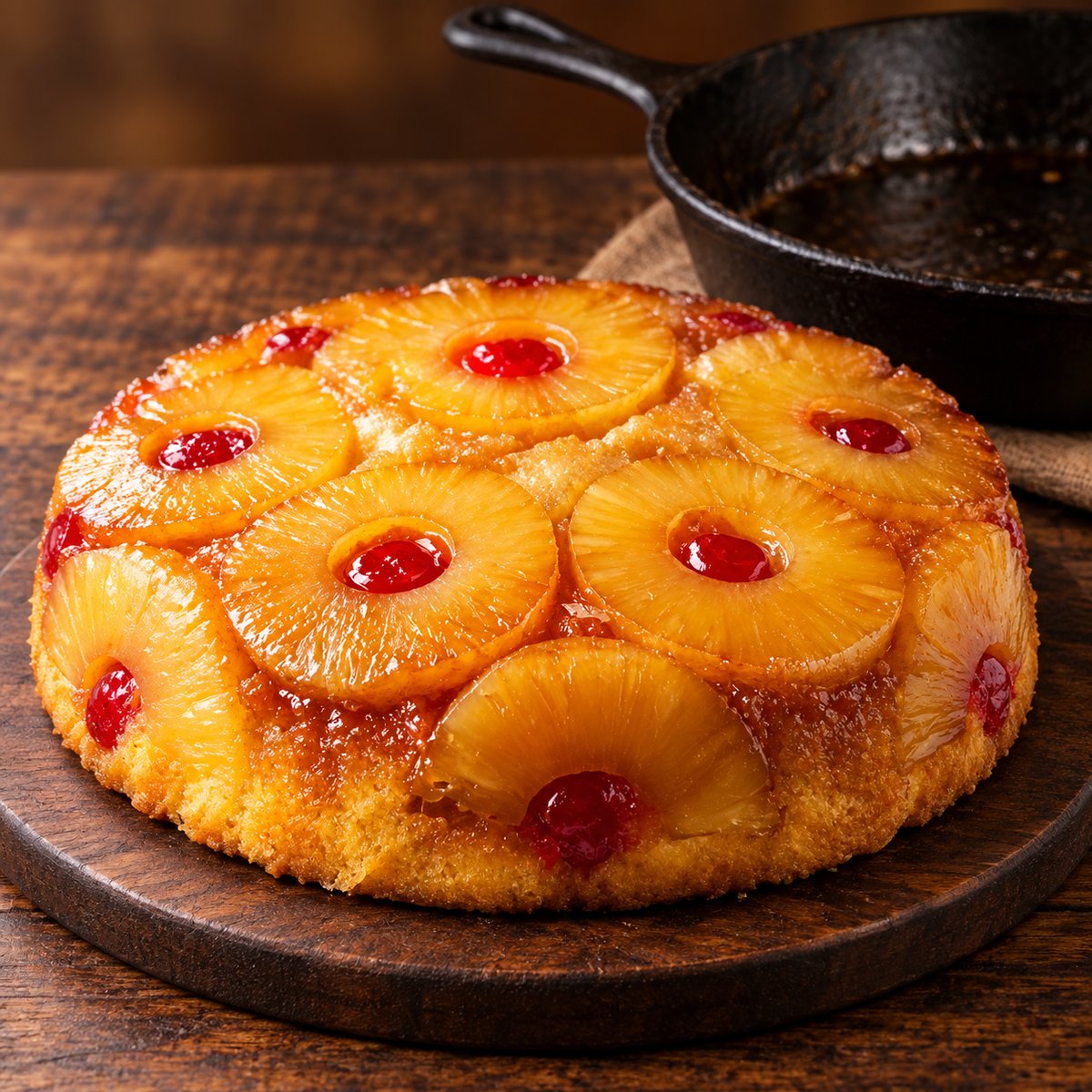 12-inch cast iron skillet pineapple upside down cake with caramelized pineapple rings and cherries