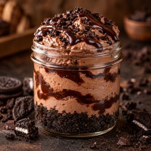 Chocolate cheesecake jar with Oreo crust, chocolate cream cheese filling and chocolate sauce swirl