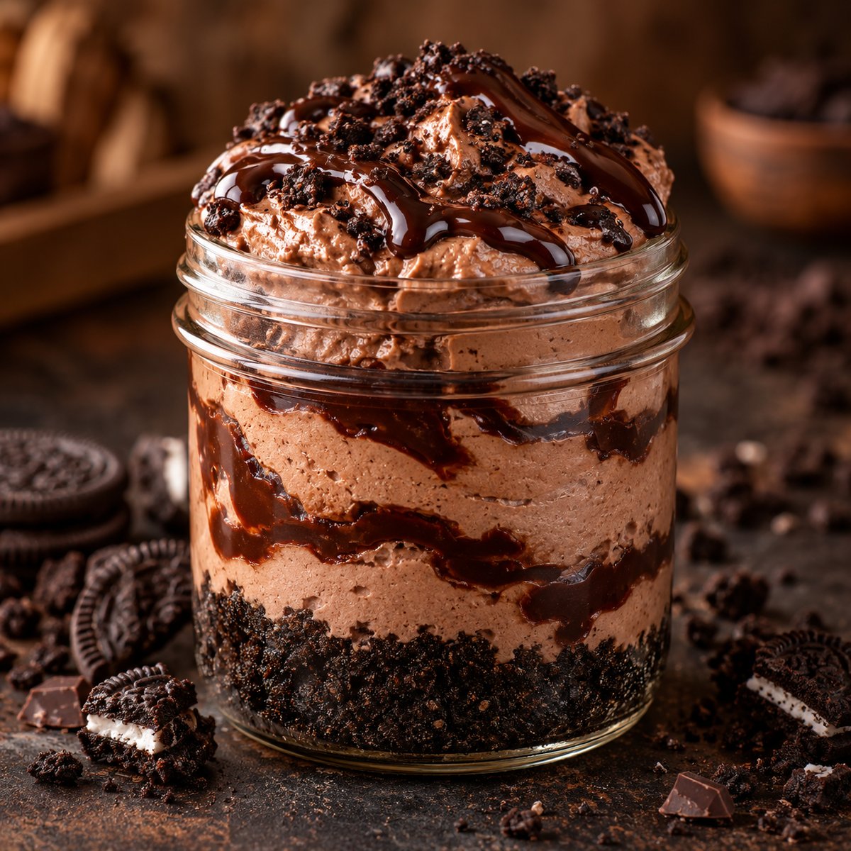 Chocolate cheesecake jar with Oreo crust, chocolate cream cheese filling and chocolate sauce swirl