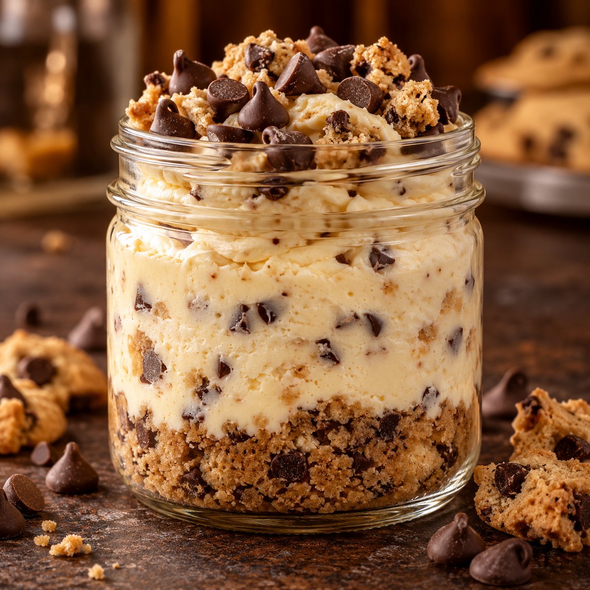 Chocolate chip cookie dough cheesecake jar with cookie crust, cookie dough filling and semi-sweet chocolate chips
