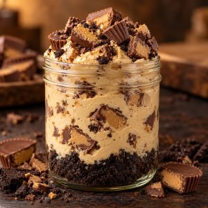 Peanut Butter Overload cheesecake jar with Oreo crust, peanut butter filling and Reese's peanut butter cup chunks